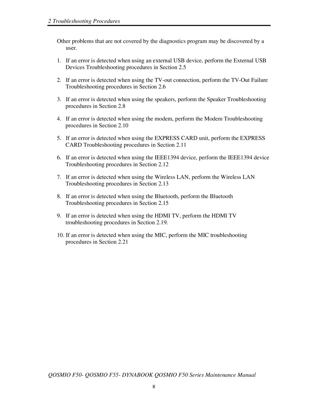 Toshiba Qosmio F50 manual 2TroubleshootingProcedures 