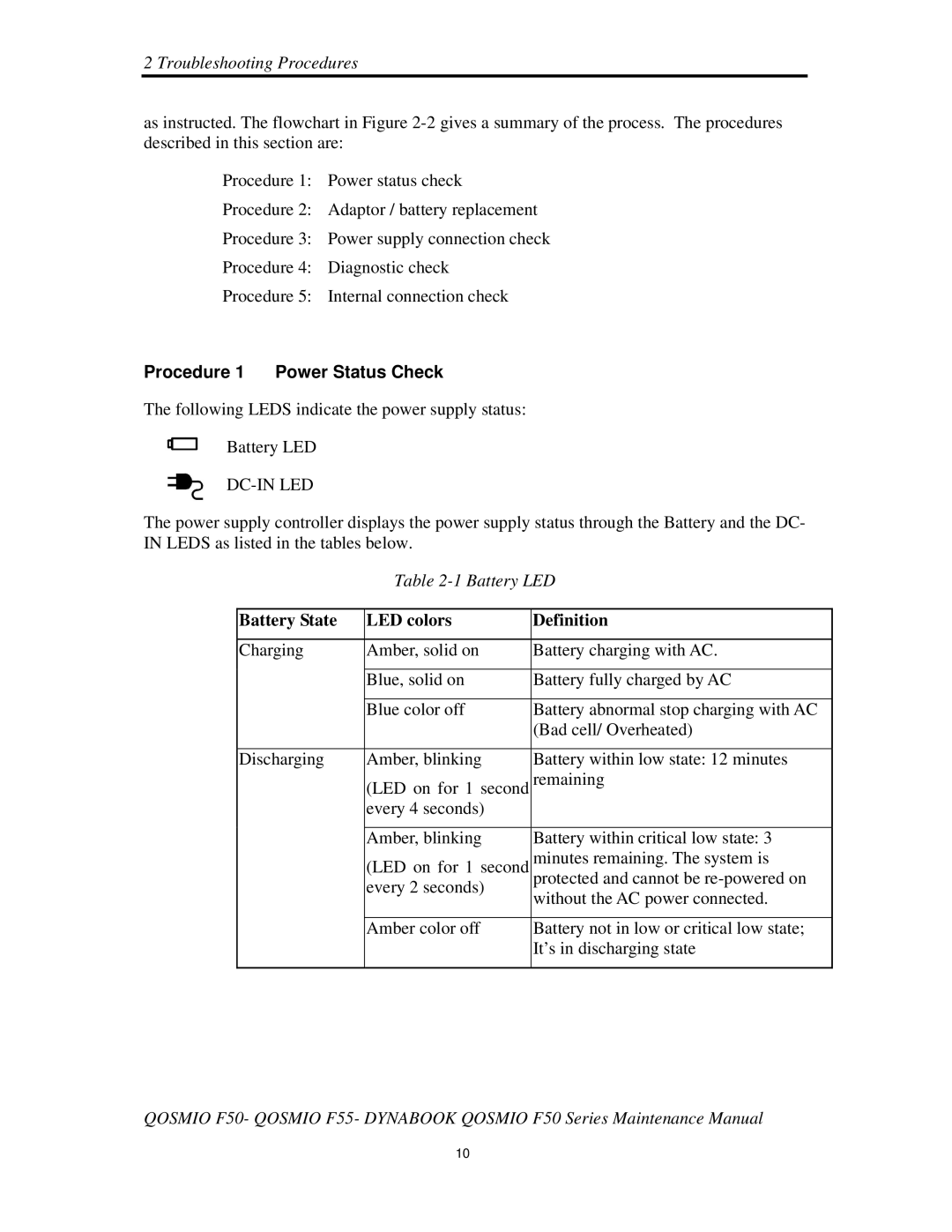 Toshiba Qosmio F50 manual Procedure1 PowerStatusCheck, 1BatteryLED 