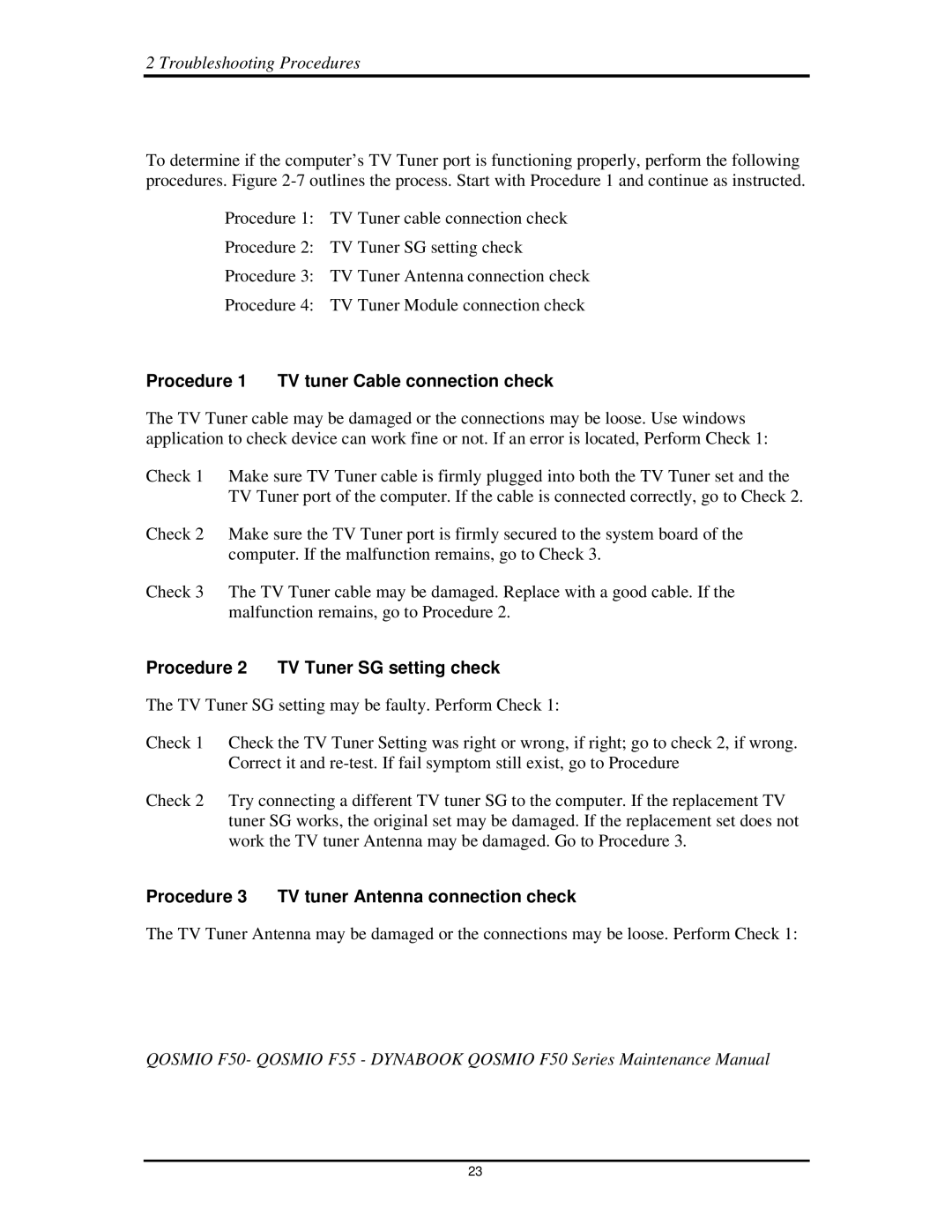 Toshiba Qosmio F50 manual Procedure1 TVtunerCableconnectioncheck, Procedure2 TVTunerSGsettingcheck 