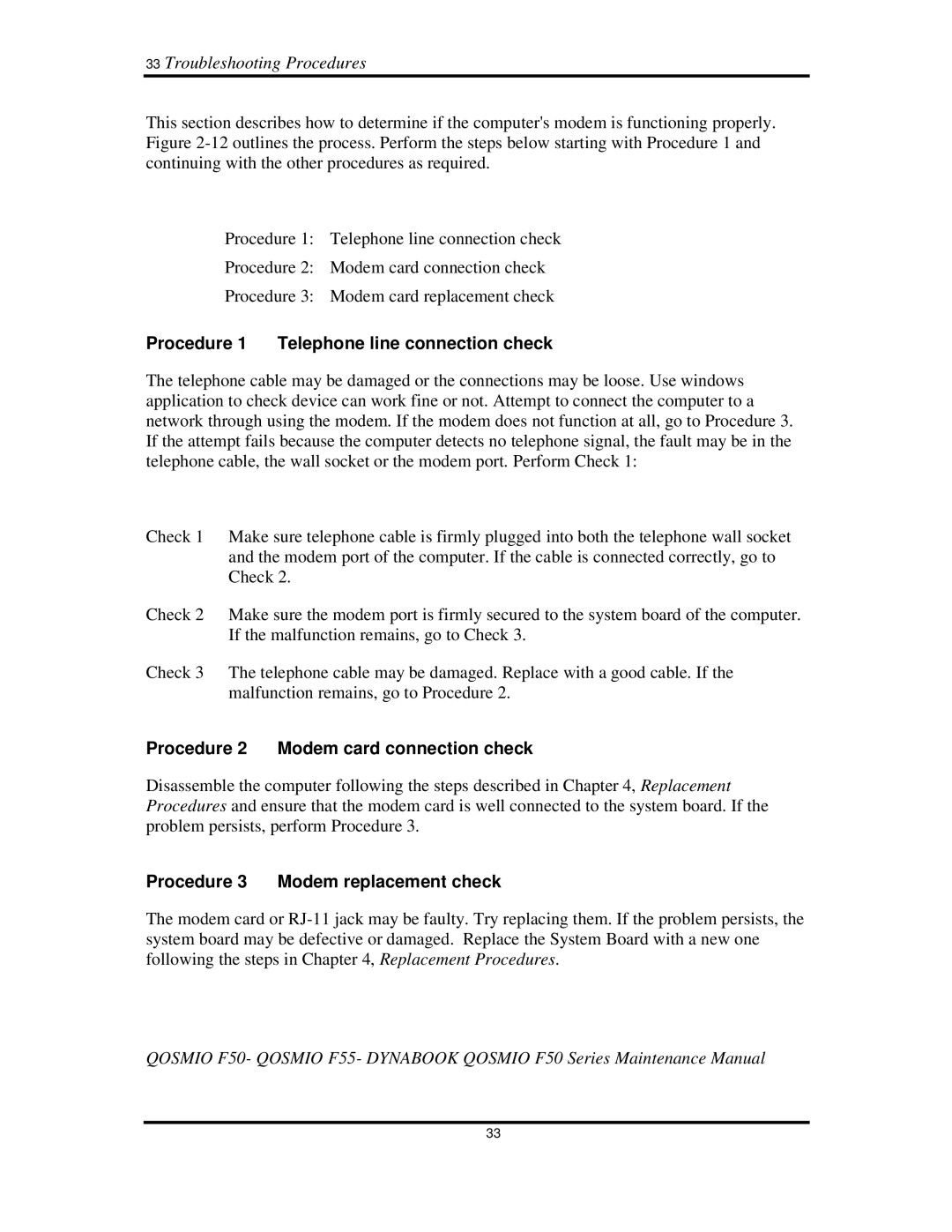 Toshiba Qosmio F50 33TroubleshootingProcedures, Procedure1 Telephonelineconnectioncheck, Procedure3 Modemreplacementcheck 