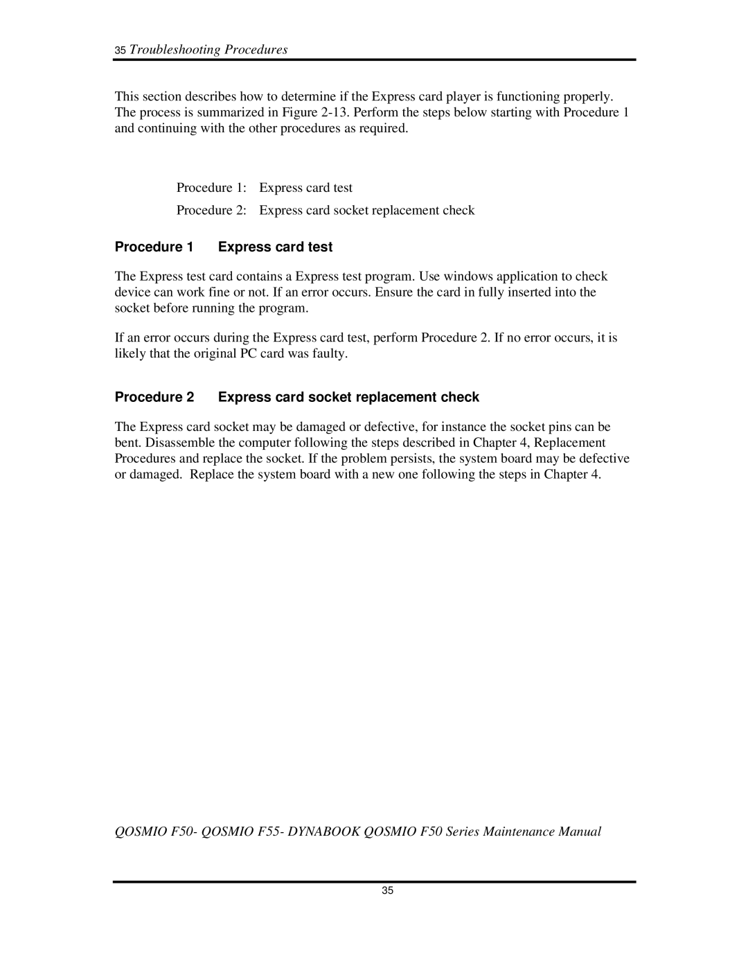 Toshiba Qosmio F50 35TroubleshootingProcedures, Procedure1 Expresscardtest, Procedure2 Expresscardsocketreplacementcheck 