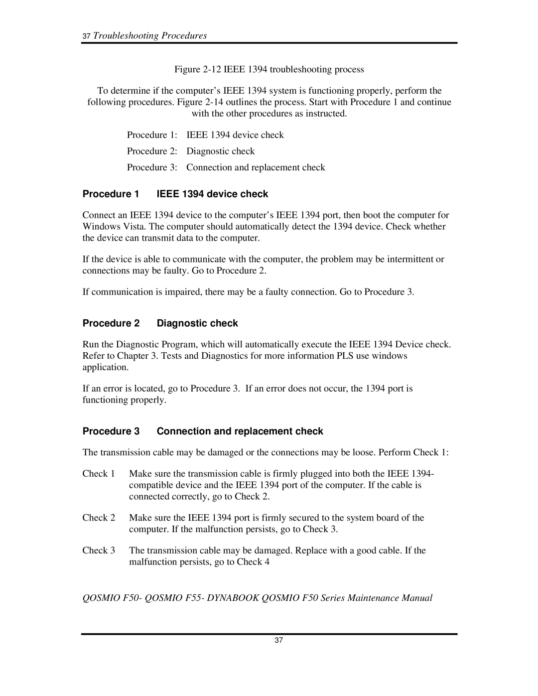 Toshiba Qosmio F50 37TroubleshootingProcedures, Procedure1 IEEE1394devicecheck, Procedure3 Connectionandreplacementcheck 