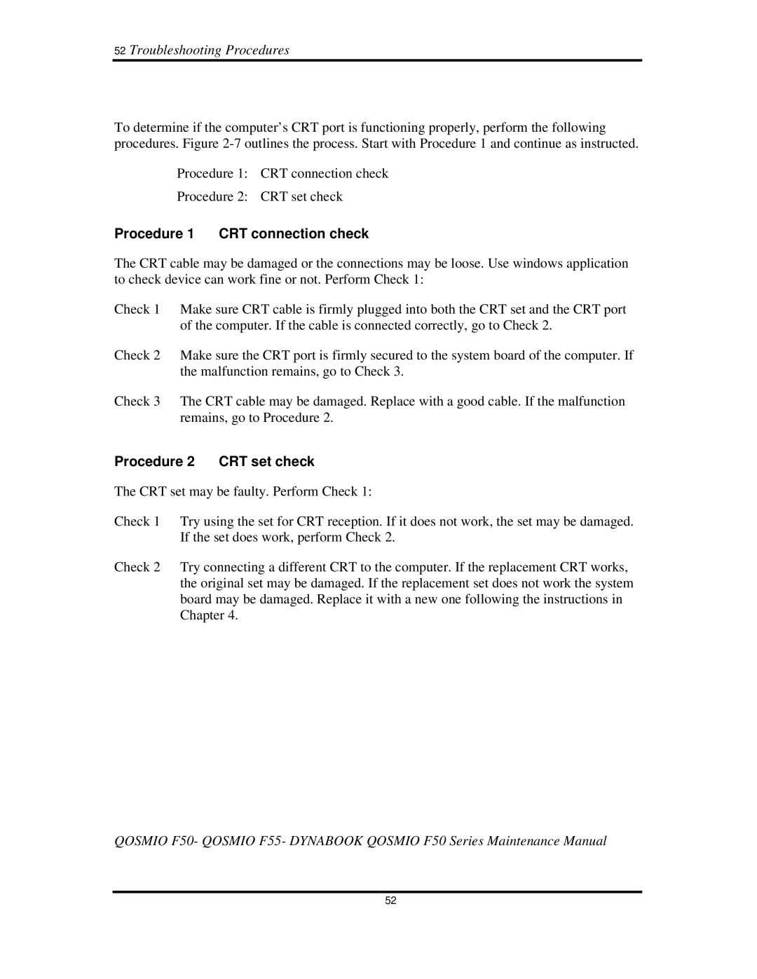 Toshiba Qosmio F50 manual 52TroubleshootingProcedures, Procedure1 CRTconnectioncheck Procedure2 CRTsetcheck 