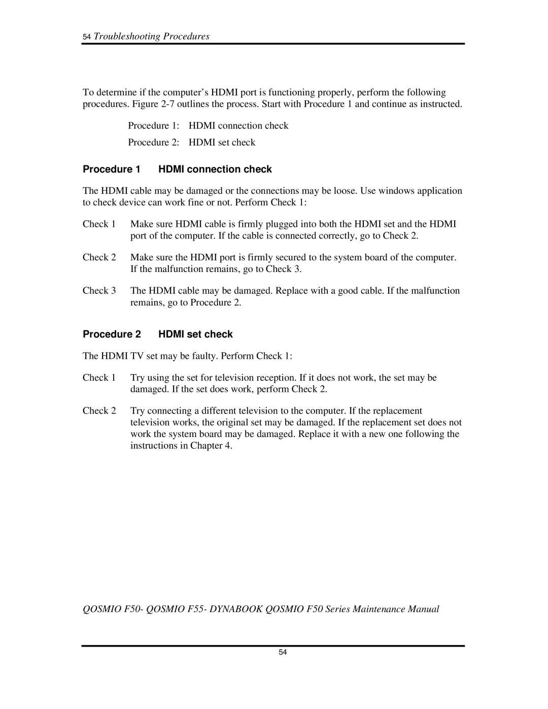 Toshiba Qosmio F50 manual 54TroubleshootingProcedures, Procedure1 HDMIconnectioncheck Procedure2 HDMIsetcheck 