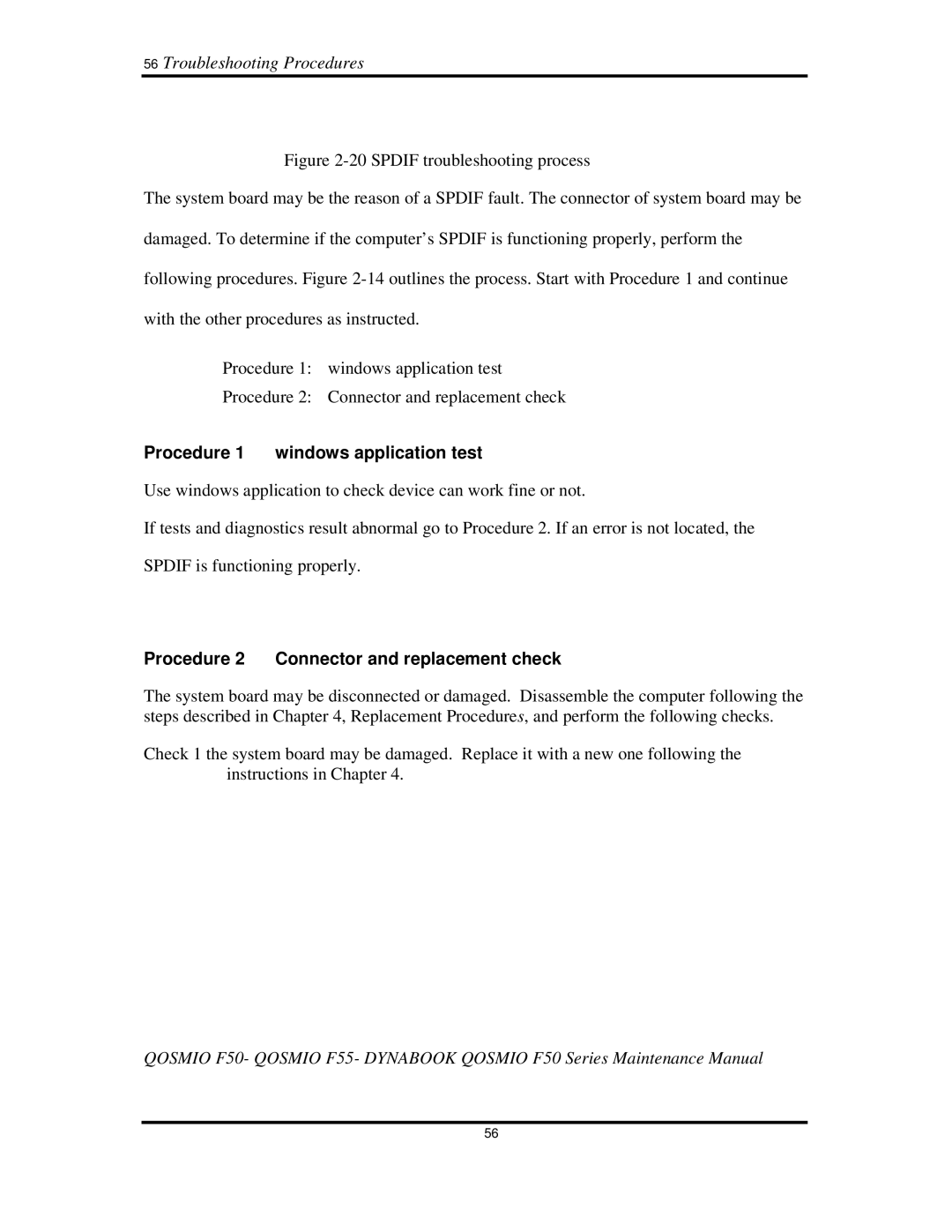 Toshiba Qosmio F50 manual 56TroubleshootingProcedures, 20SPDIFtroubleshootingprocess 