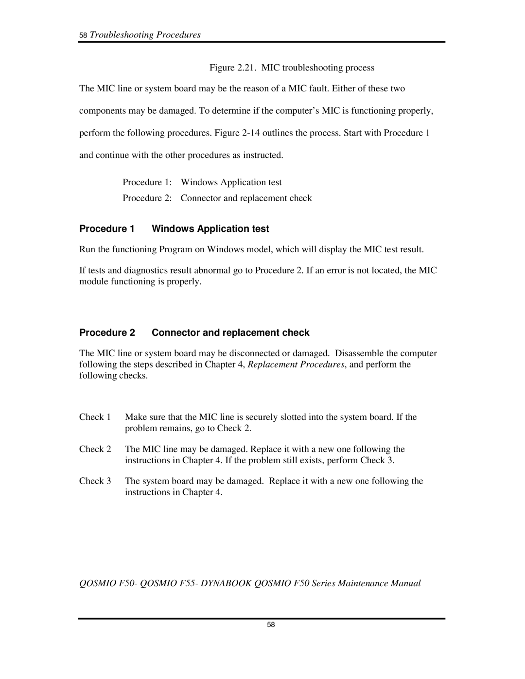 Toshiba Qosmio F50 manual 58TroubleshootingProcedures, MICtroubleshootingprocess 