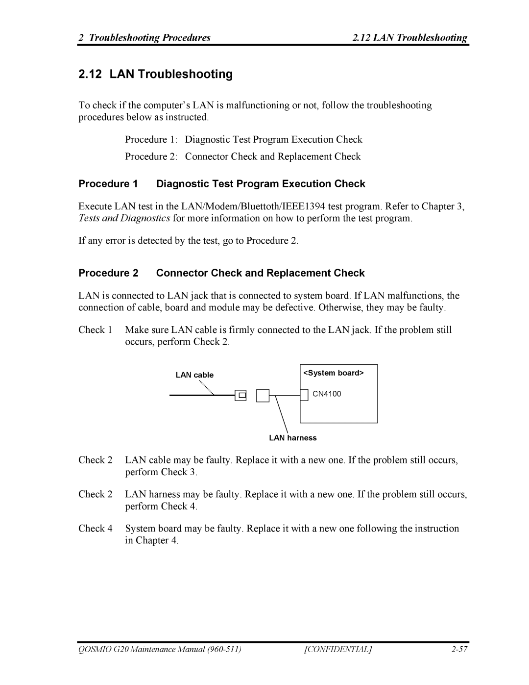 Toshiba QOSMIO G20 manual Troubleshooting Procedures LAN Troubleshooting 