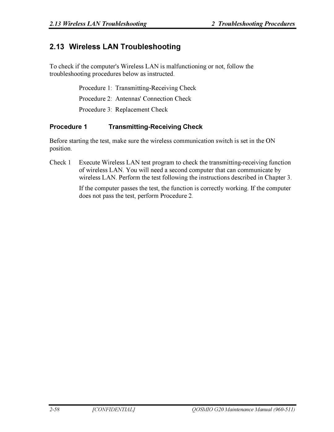 Toshiba QOSMIO G20 Wireless LAN Troubleshooting Troubleshooting Procedures, Procedure 1 Transmitting-Receiving Check 