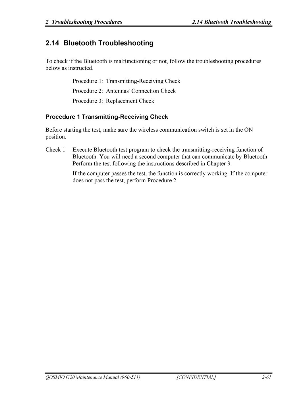 Toshiba QOSMIO G20 manual Bluetooth Troubleshooting, Procedure 1 Transmitting-Receiving Check 