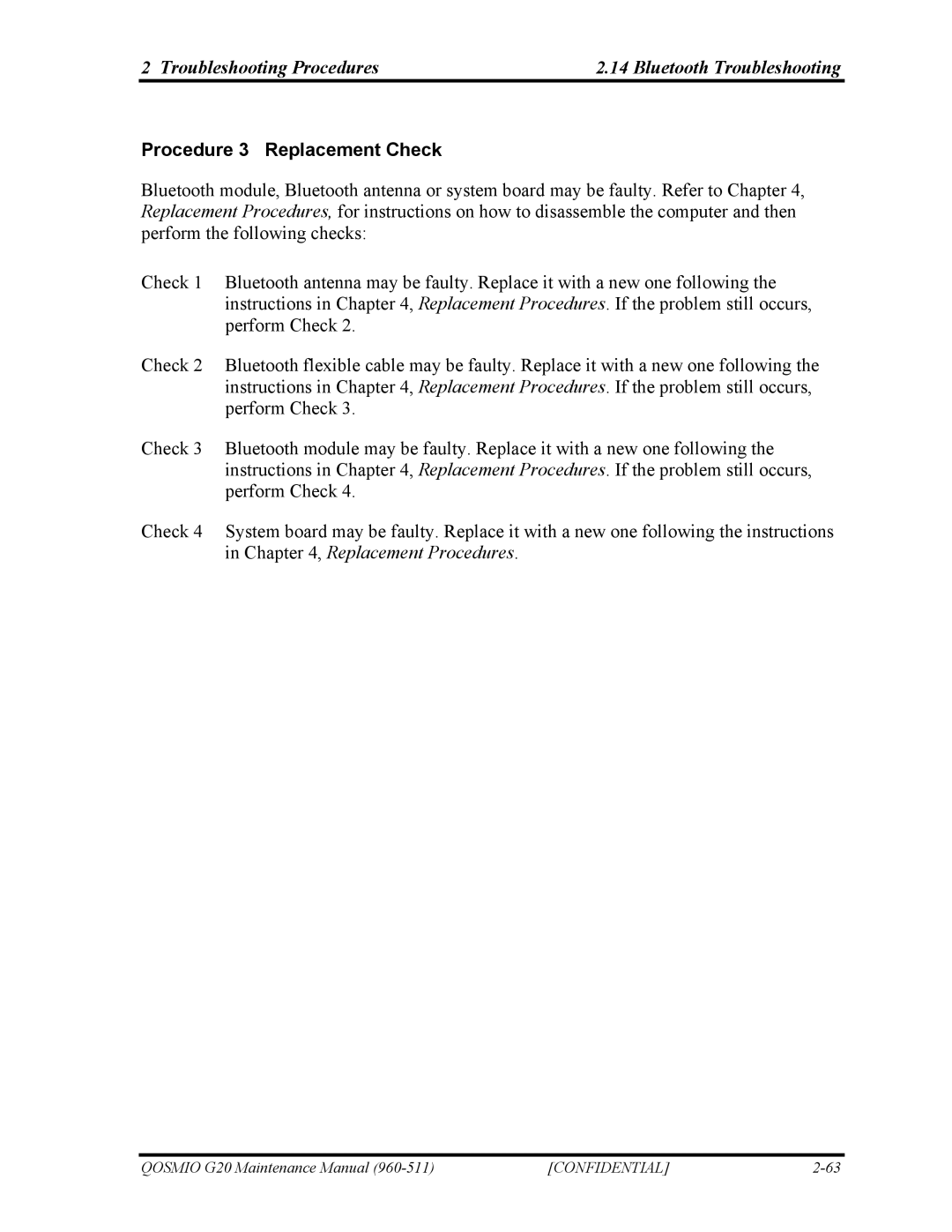 Toshiba QOSMIO G20 manual Procedure 3 Replacement Check 