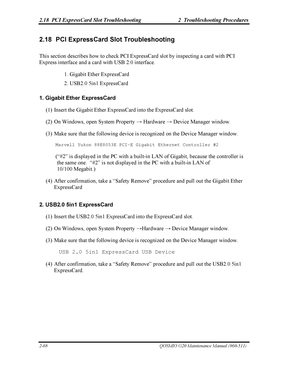 Toshiba QOSMIO G20 manual PCI ExpressCard Slot Troubleshooting, Gigabit Ether ExpressCard, USB2.0 5in1 ExpressCard 