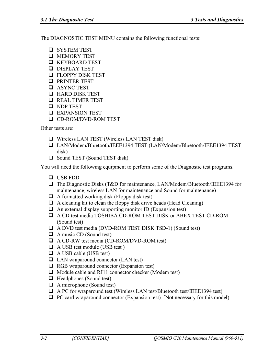 Toshiba QOSMIO G20 manual Diagnostic Test Tests and Diagnostics, ‰ Usb Fdd 