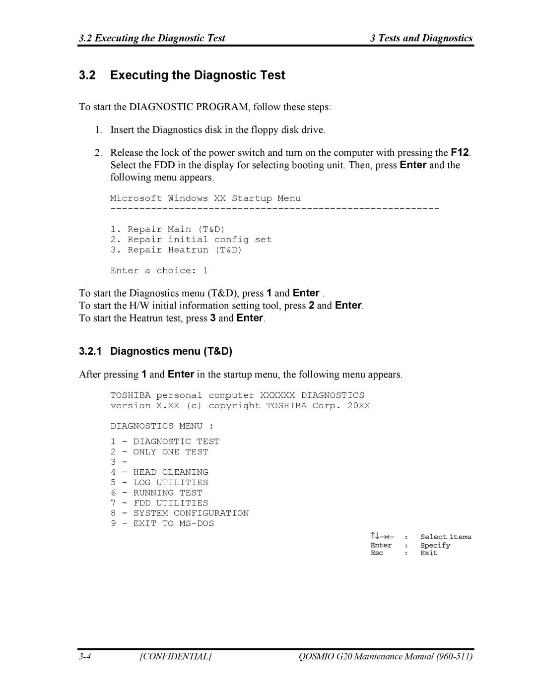 Toshiba QOSMIO G20 manual Executing the Diagnostic Test Tests and Diagnostics, Diagnostics menu T&D 