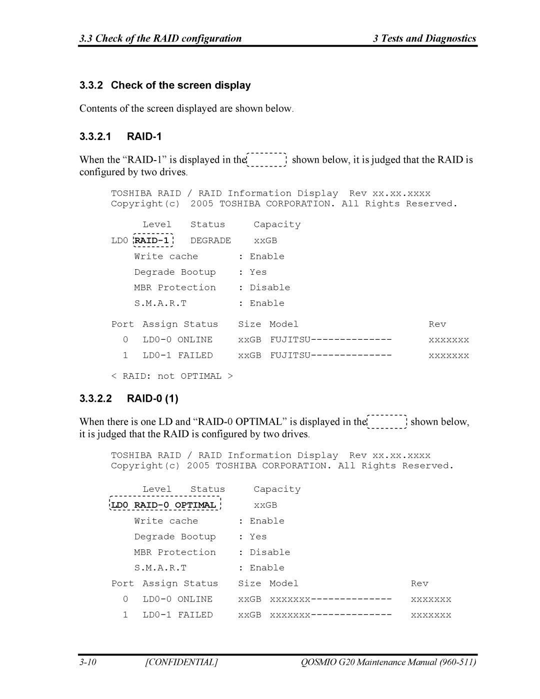 Toshiba QOSMIO G20 manual Check of the screen display, RAID-1, RAID-0 