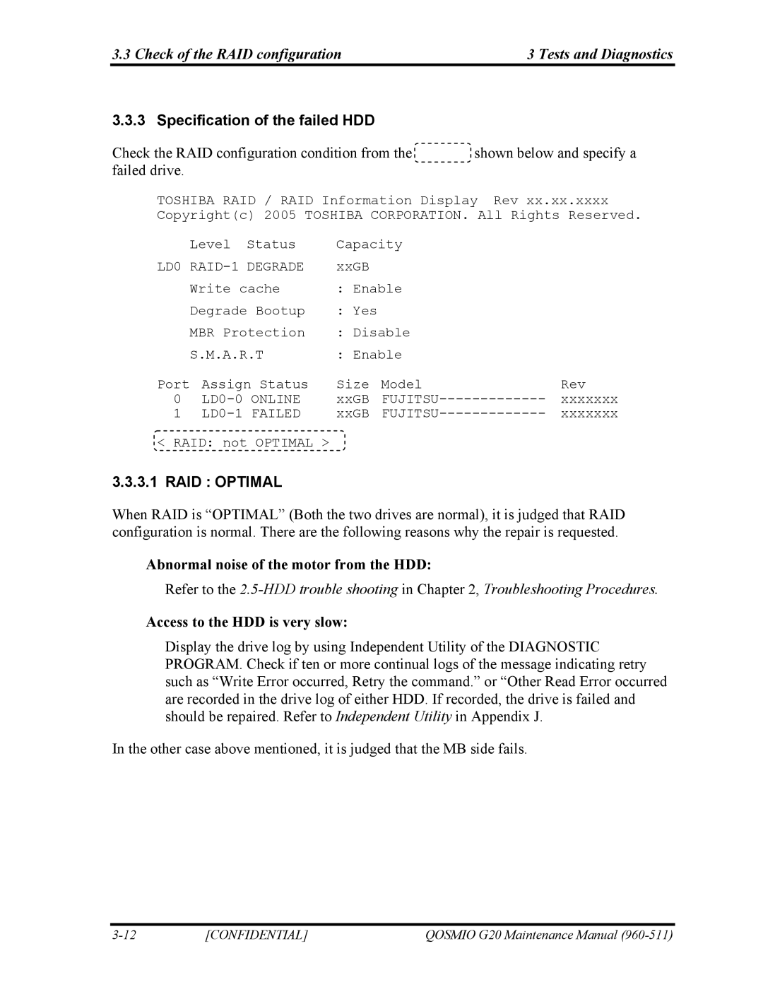 Toshiba QOSMIO G20 manual Specification of the failed HDD, RAID Optimal, Abnormal noise of the motor from the HDD 