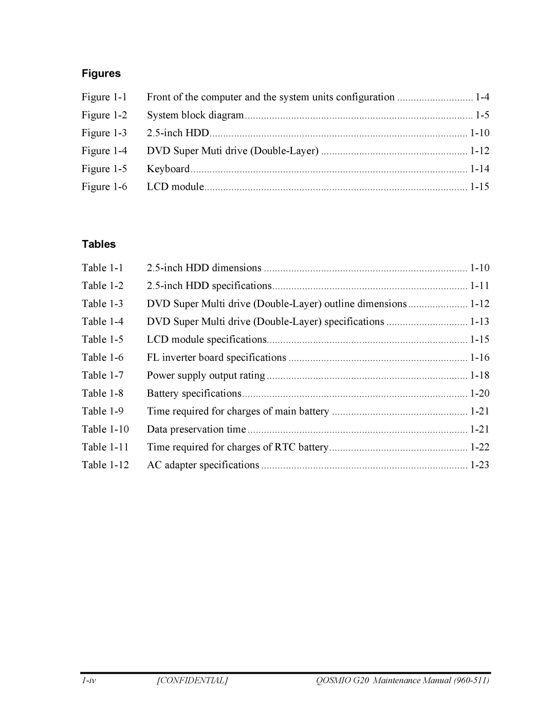 Toshiba QOSMIO G20 manual Figures, Tables 