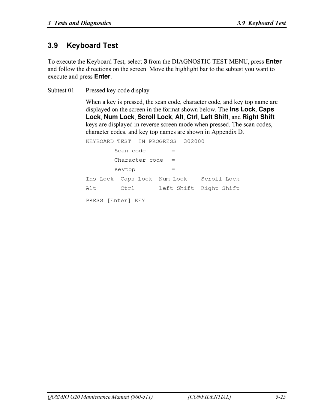 Toshiba QOSMIO G20 manual Tests and Diagnostics Keyboard Test 