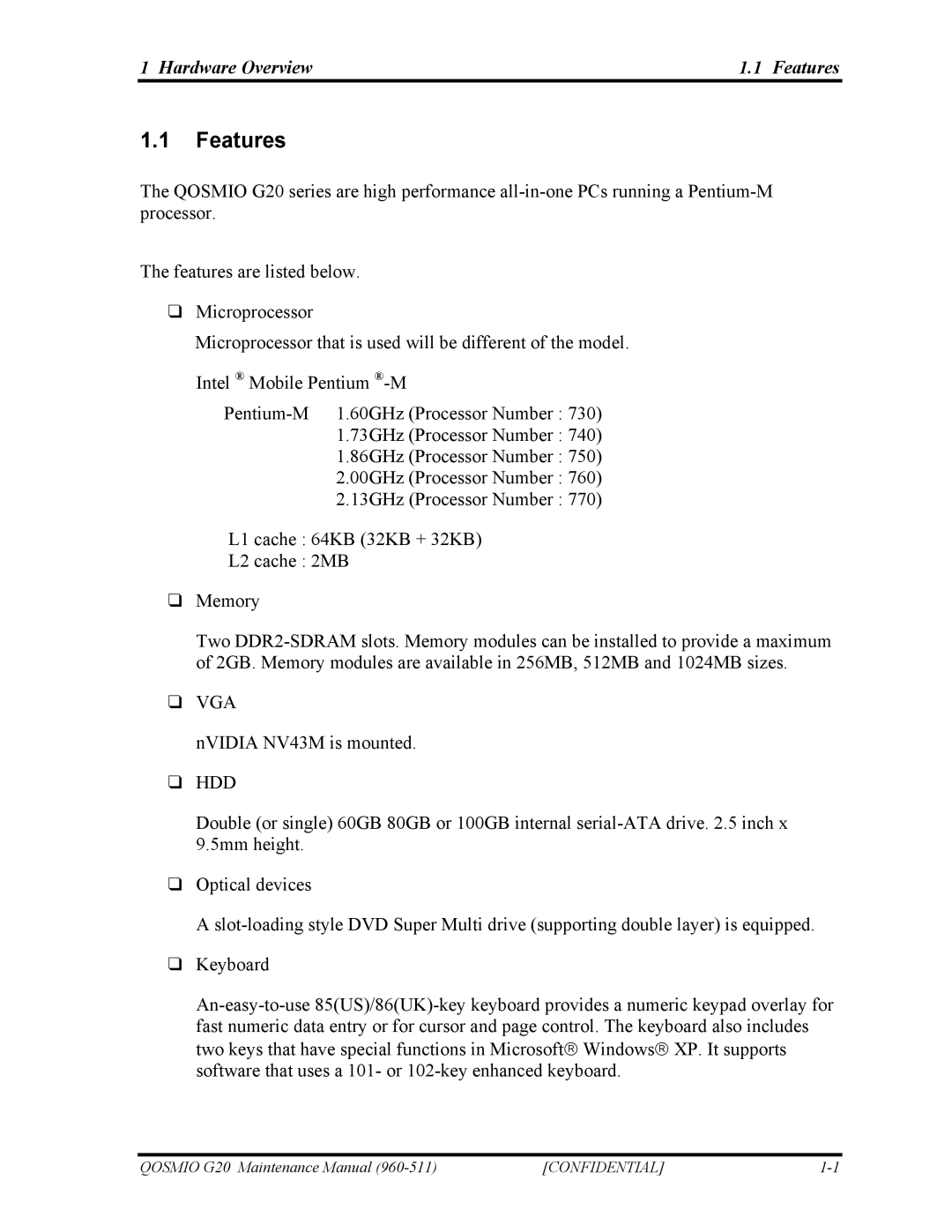 Toshiba QOSMIO G20 manual Hardware Overview Features 