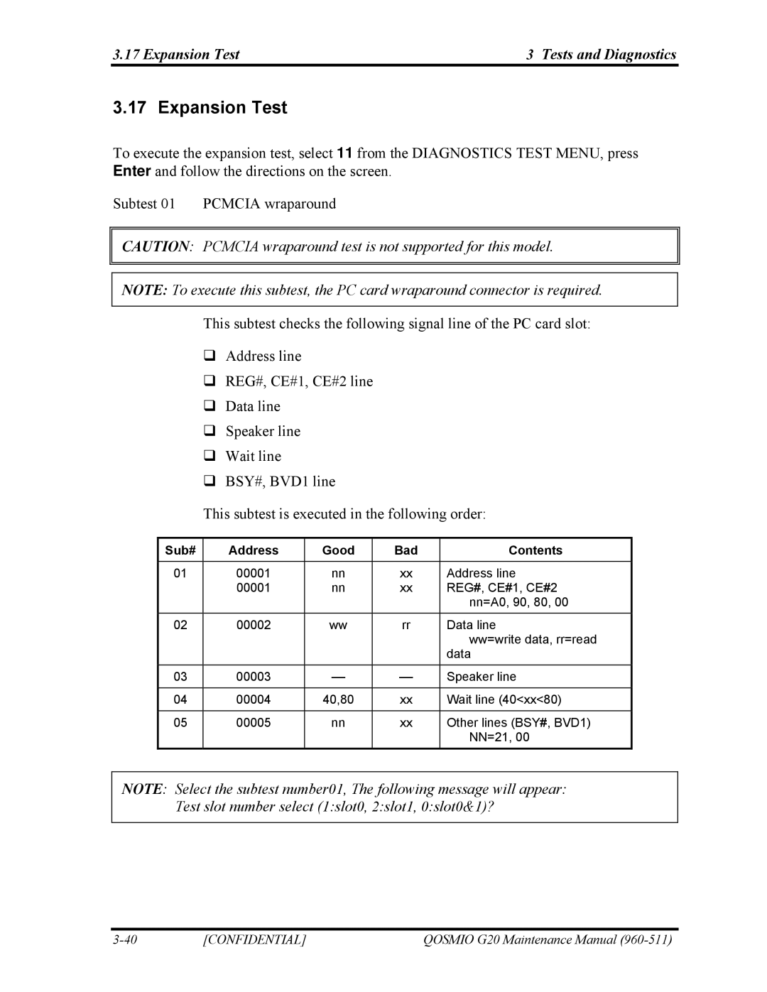 Toshiba QOSMIO G20 manual Expansion Test Tests and Diagnostics, Sub# Address Good Bad Contents 