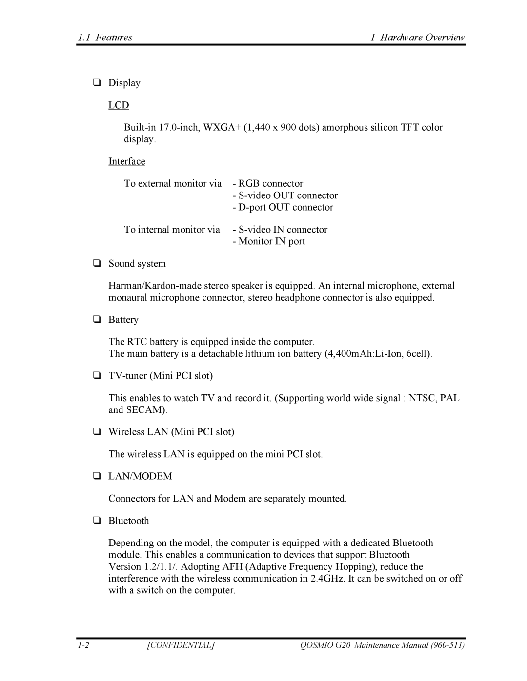 Toshiba QOSMIO G20 manual Features Hardware Overview, Lcd 