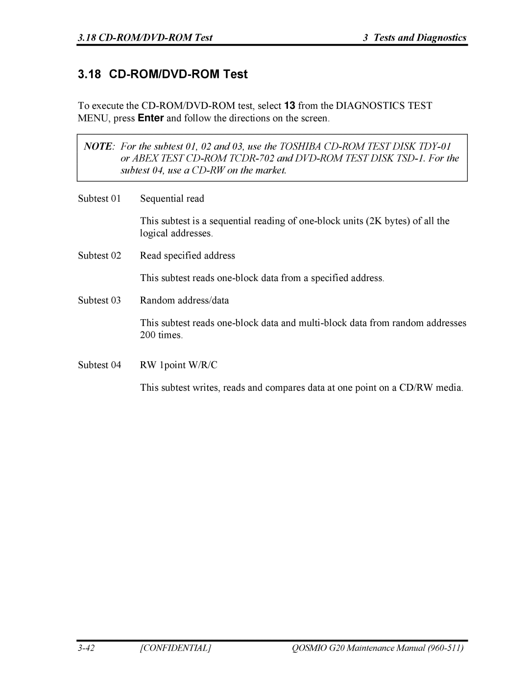 Toshiba QOSMIO G20 manual CD-ROM/DVD-ROM Test Tests and Diagnostics 