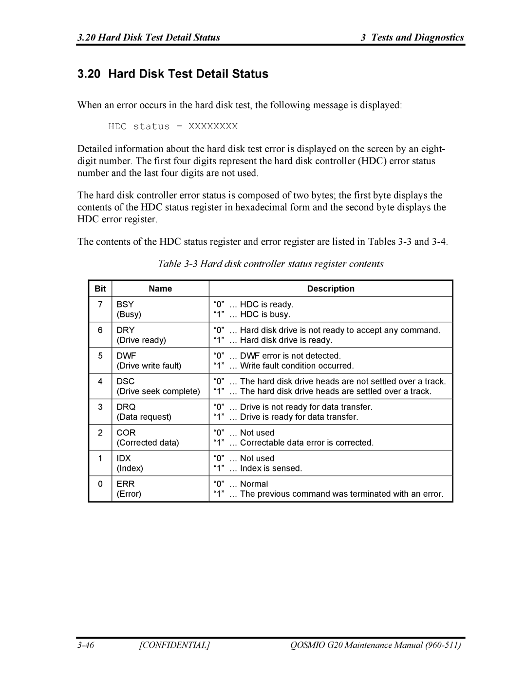 Toshiba QOSMIO G20 Hard Disk Test Detail Status Tests and Diagnostics, Hard disk controller status register contents 