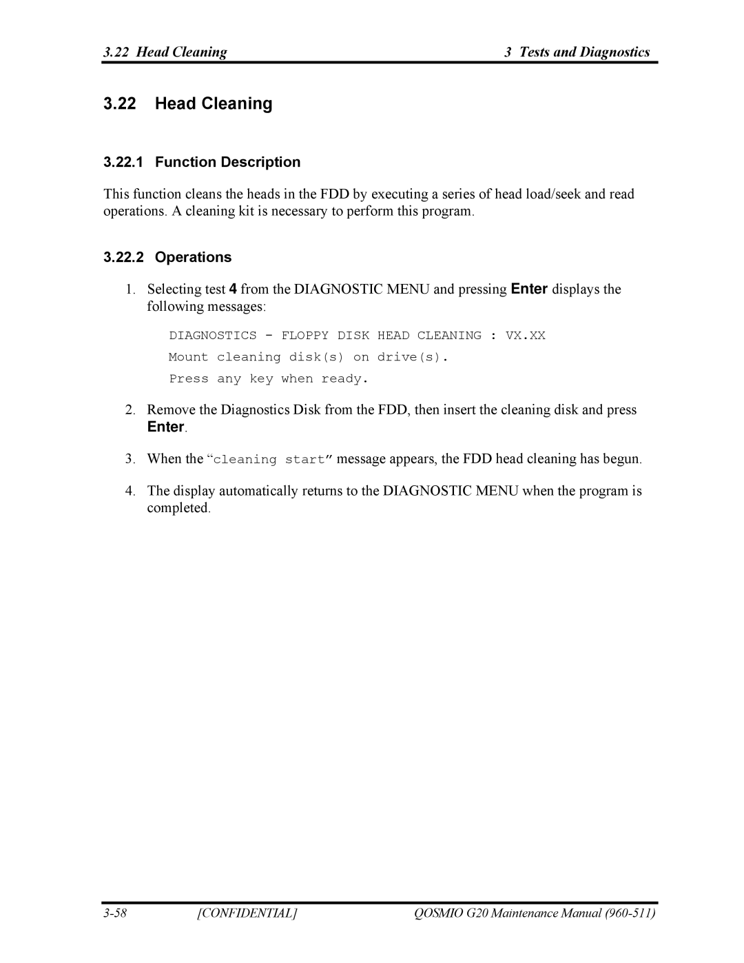 Toshiba QOSMIO G20 manual Head Cleaning Tests and Diagnostics, Function Description 