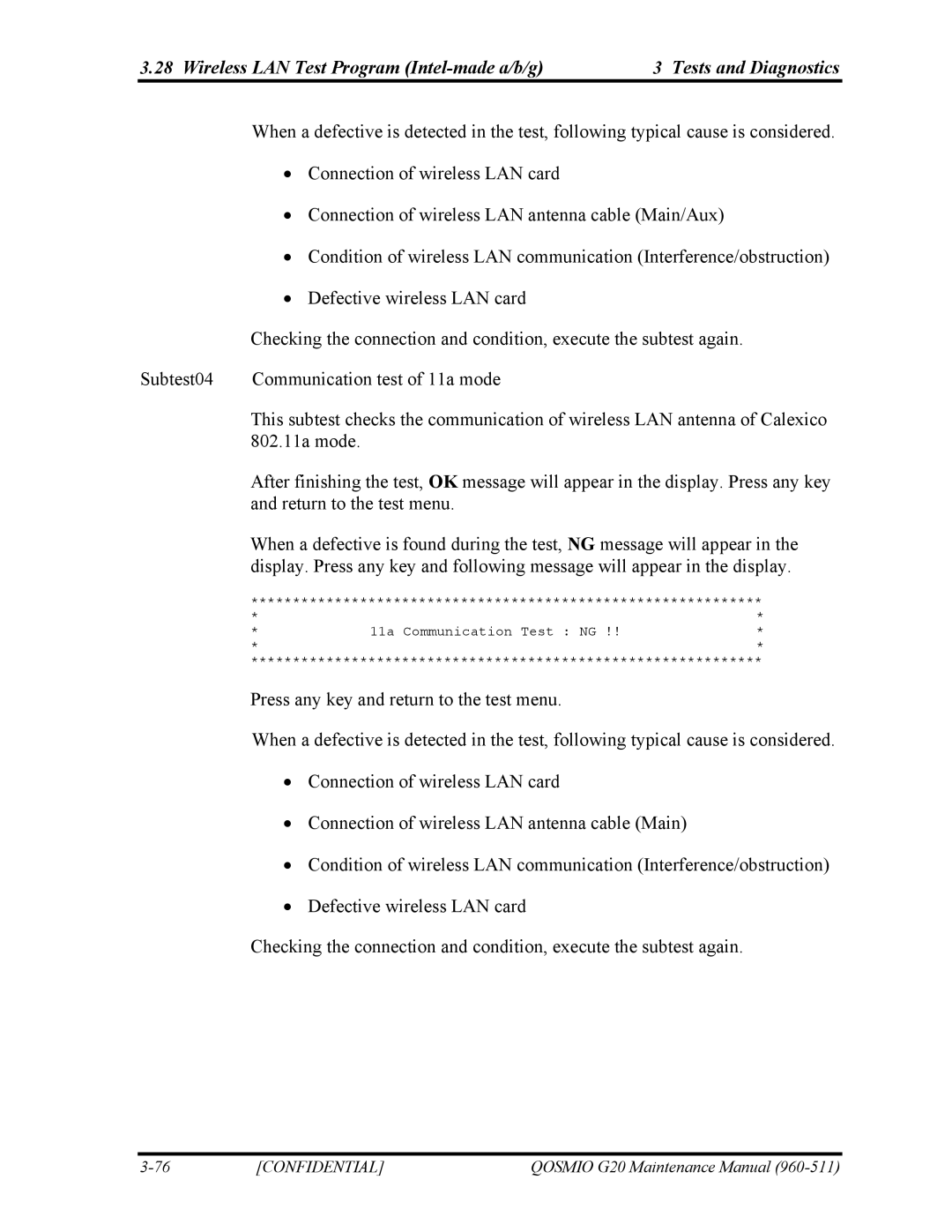 Toshiba QOSMIO G20 manual 11a Communication Test NG 