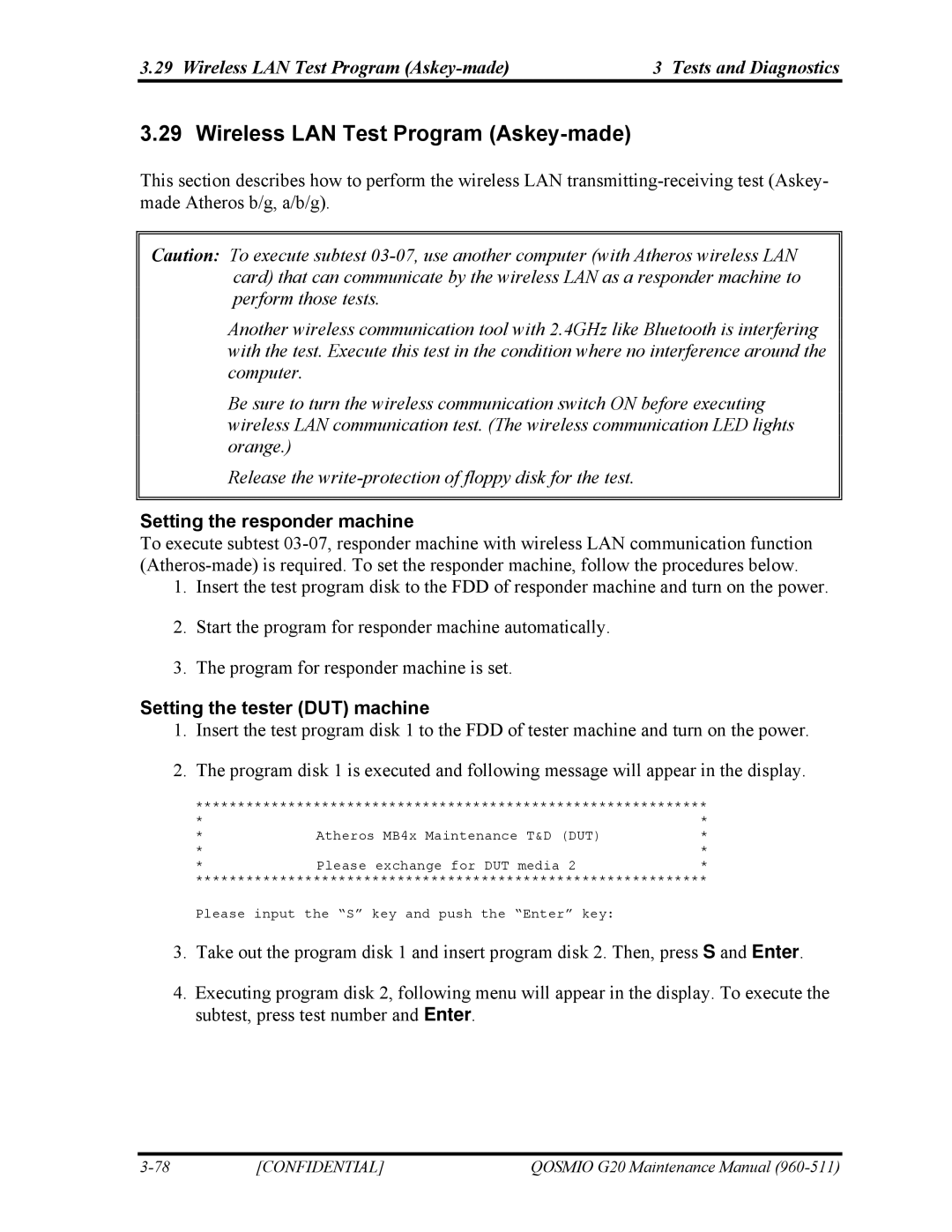 Toshiba QOSMIO G20 manual Wireless LAN Test Program Askey-made Tests and Diagnostics, Setting the tester DUT machine 