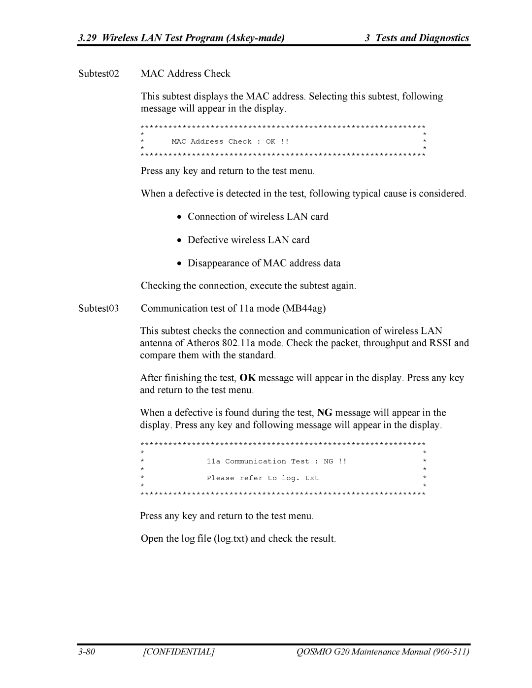 Toshiba QOSMIO G20 manual 11a Communication Test NG Please refer to log. txt 