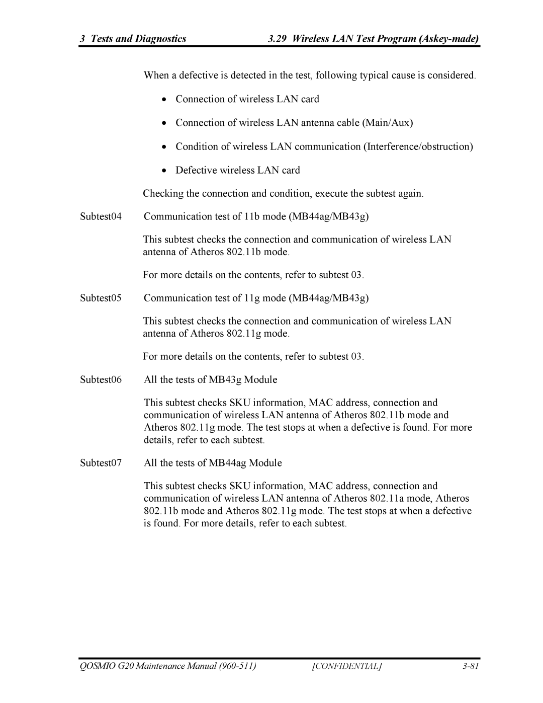 Toshiba QOSMIO G20 manual Tests and Diagnostics Wireless LAN Test Program Askey-made 