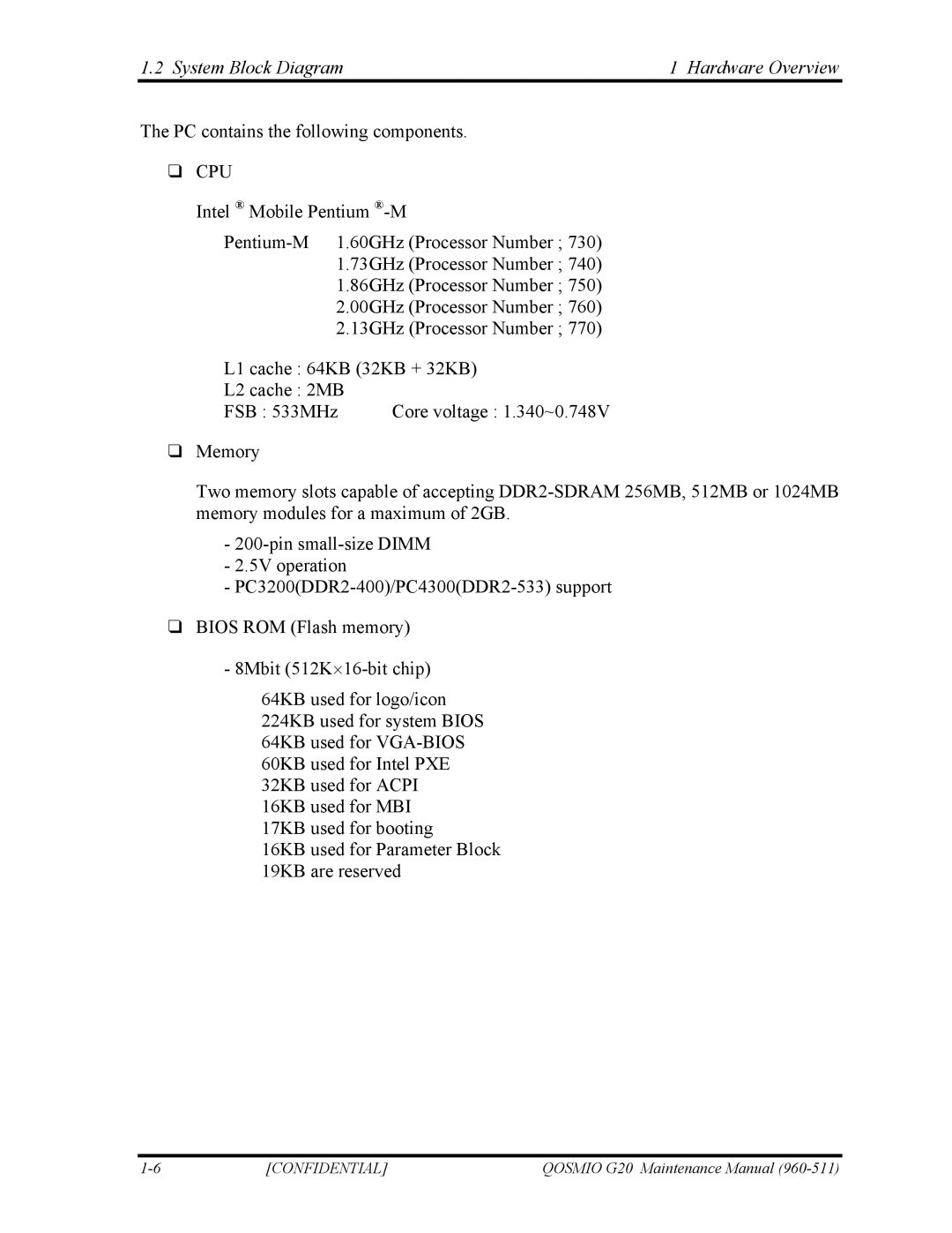 Toshiba QOSMIO G20 manual System Block Diagram Hardware Overview, Cpu 