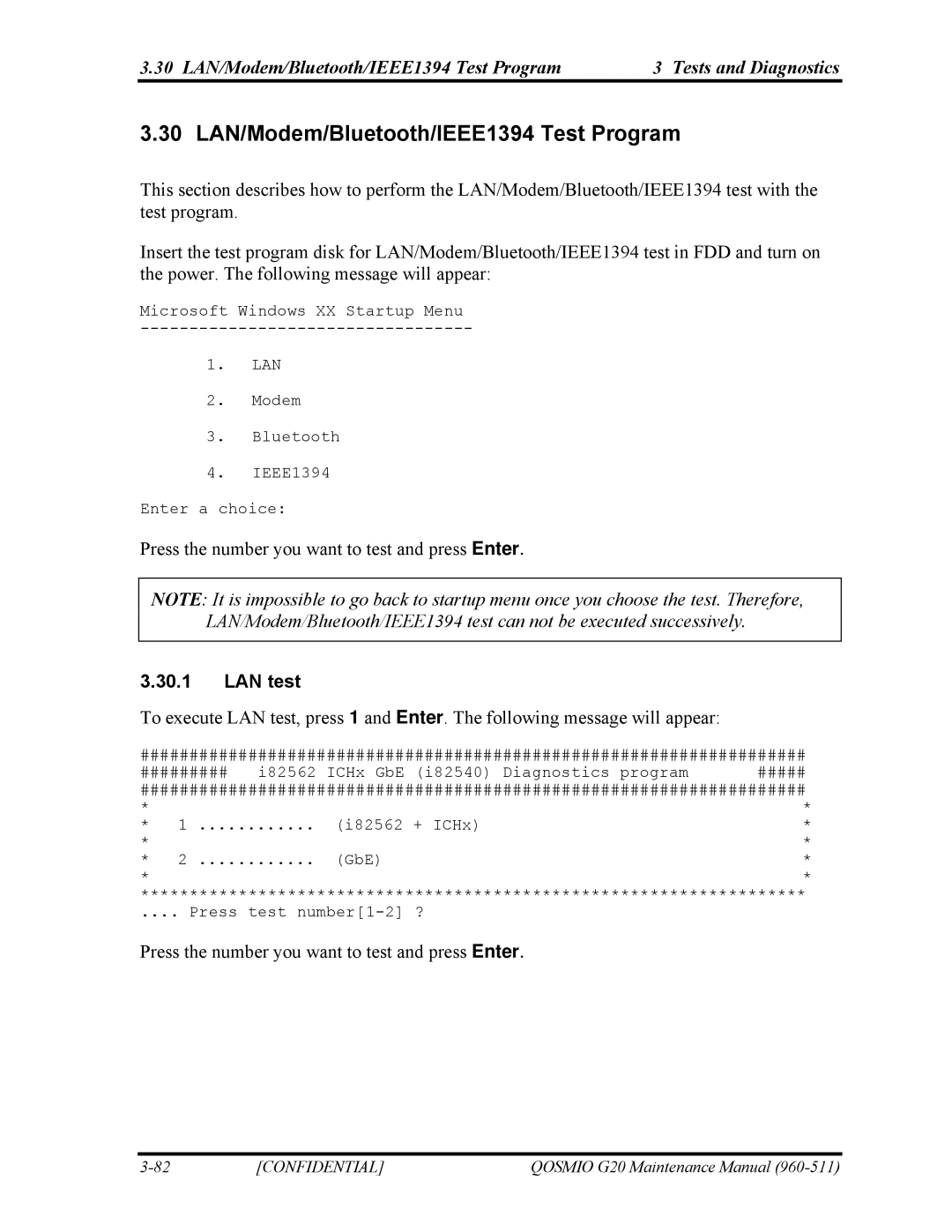 Toshiba QOSMIO G20 manual 30 LAN/Modem/Bluetooth/IEEE1394 Test Program, LAN test 