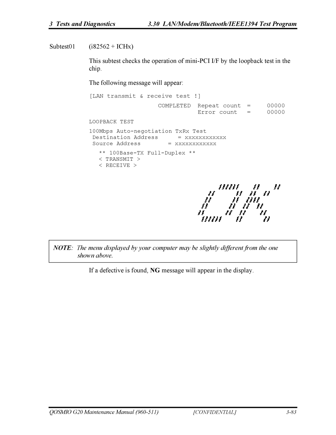 Toshiba QOSMIO G20 manual LAN transmit & receive test Completed Repeat count 00000 