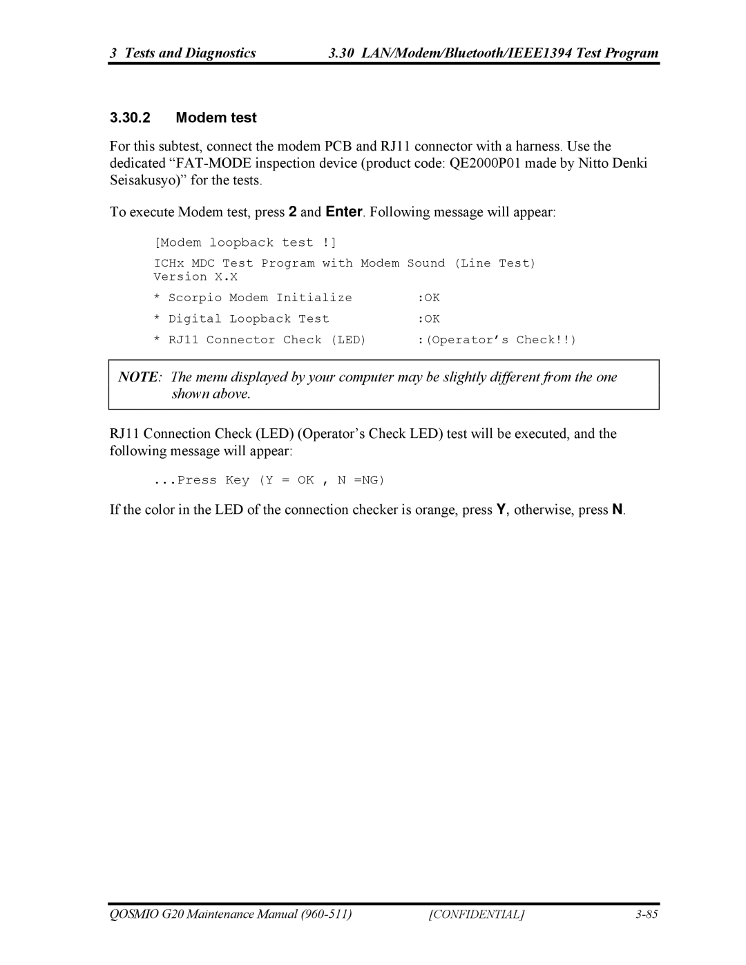 Toshiba QOSMIO G20 manual Modem test, Modem loopback test 