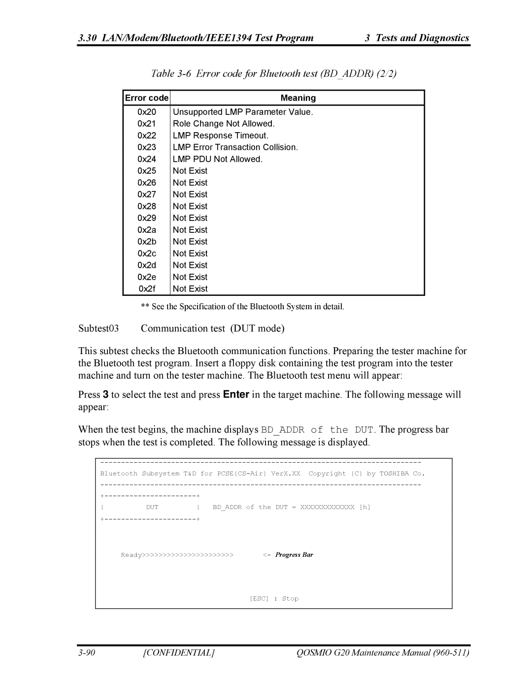 Toshiba QOSMIO G20 manual Error code for Bluetooth test Bdaddr 2/2 