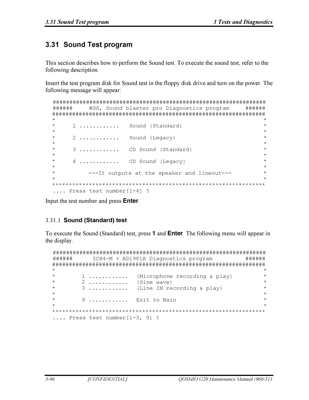 Toshiba QOSMIO G20 manual Sound Test program Tests and Diagnostics, Sound Standard test 