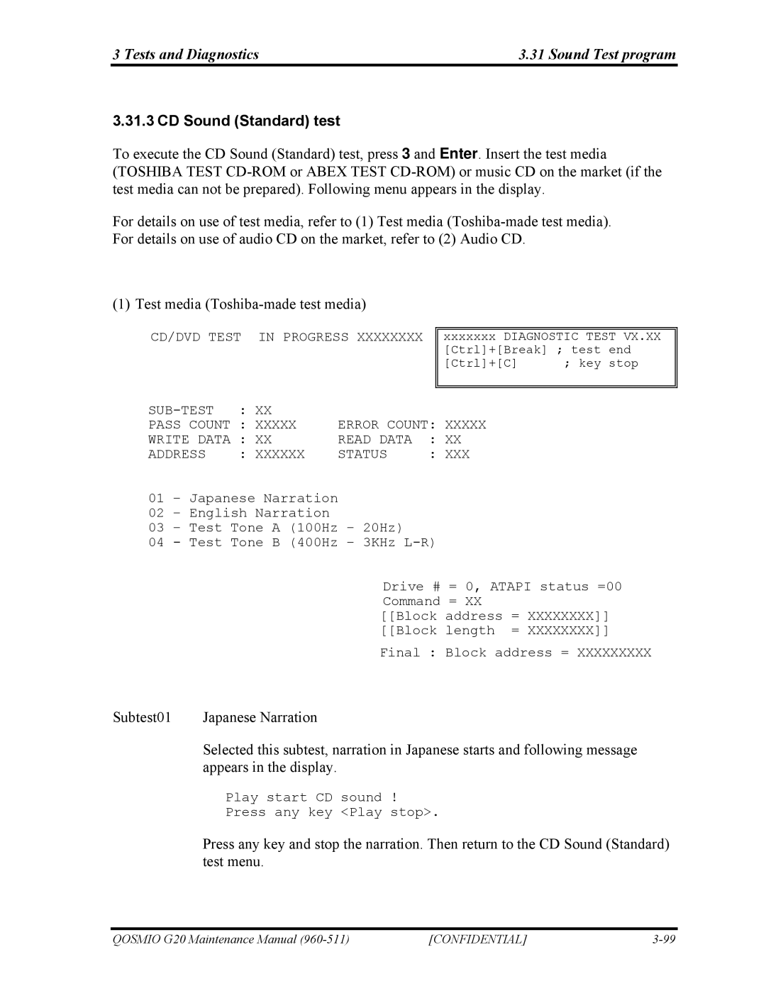 Toshiba QOSMIO G20 manual CD Sound Standard test, Pass Count Write Data Read Data Address Xxxxxx Status XXX 