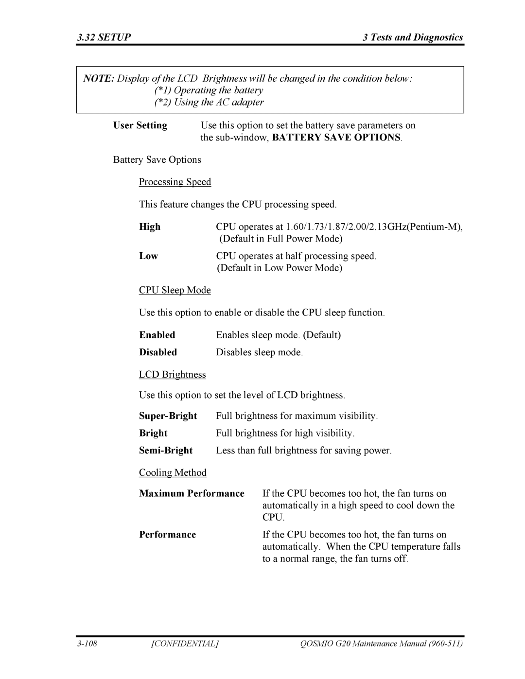 Toshiba QOSMIO G20 manual Using the AC adapter, High, Low, Maximum Performance 