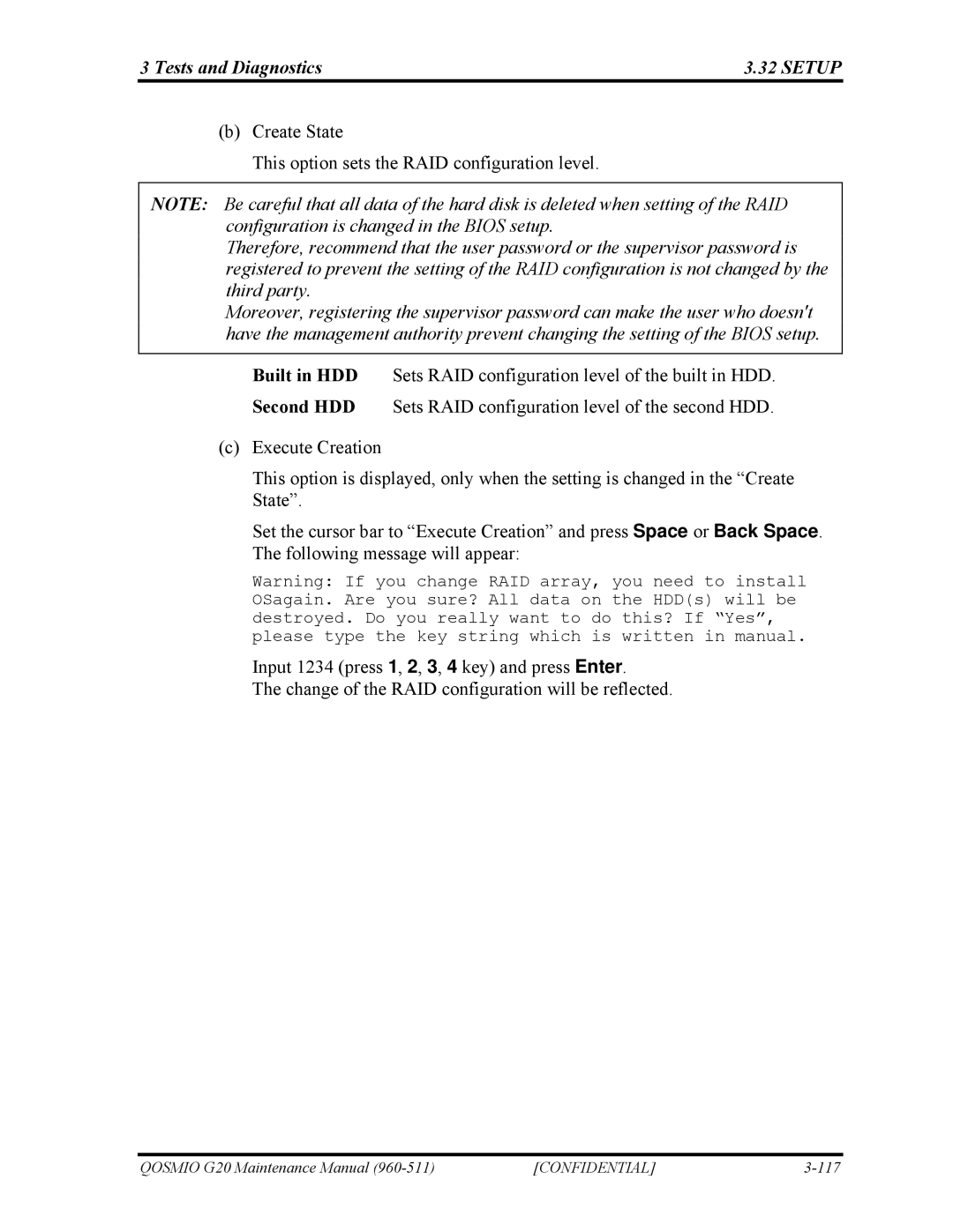 Toshiba QOSMIO G20 manual Create State This option sets the RAID configuration level 