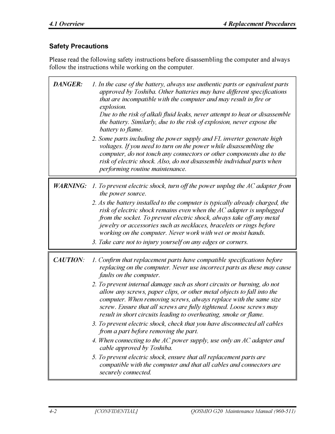 Toshiba QOSMIO G20 manual Overview Replacement Procedures, Safety Precautions 