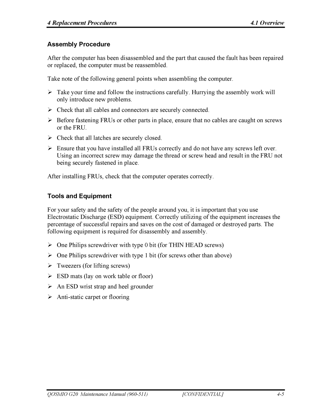 Toshiba QOSMIO G20 manual Assembly Procedure, Tools and Equipment 