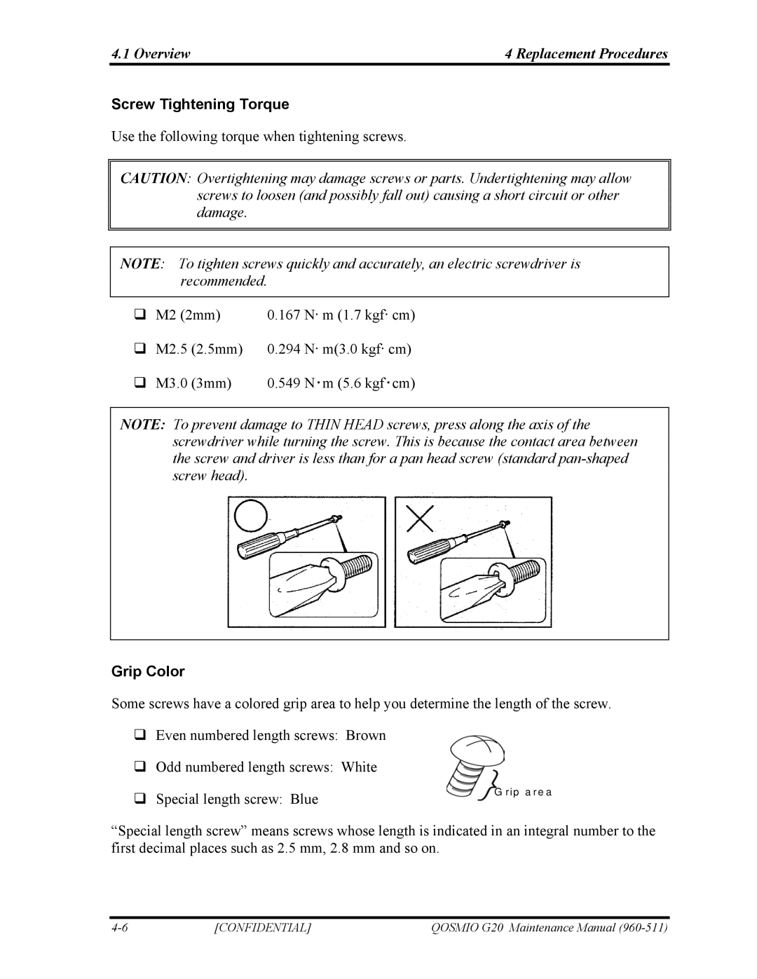 Toshiba QOSMIO G20 manual Screw Tightening Torque, Grip Color 