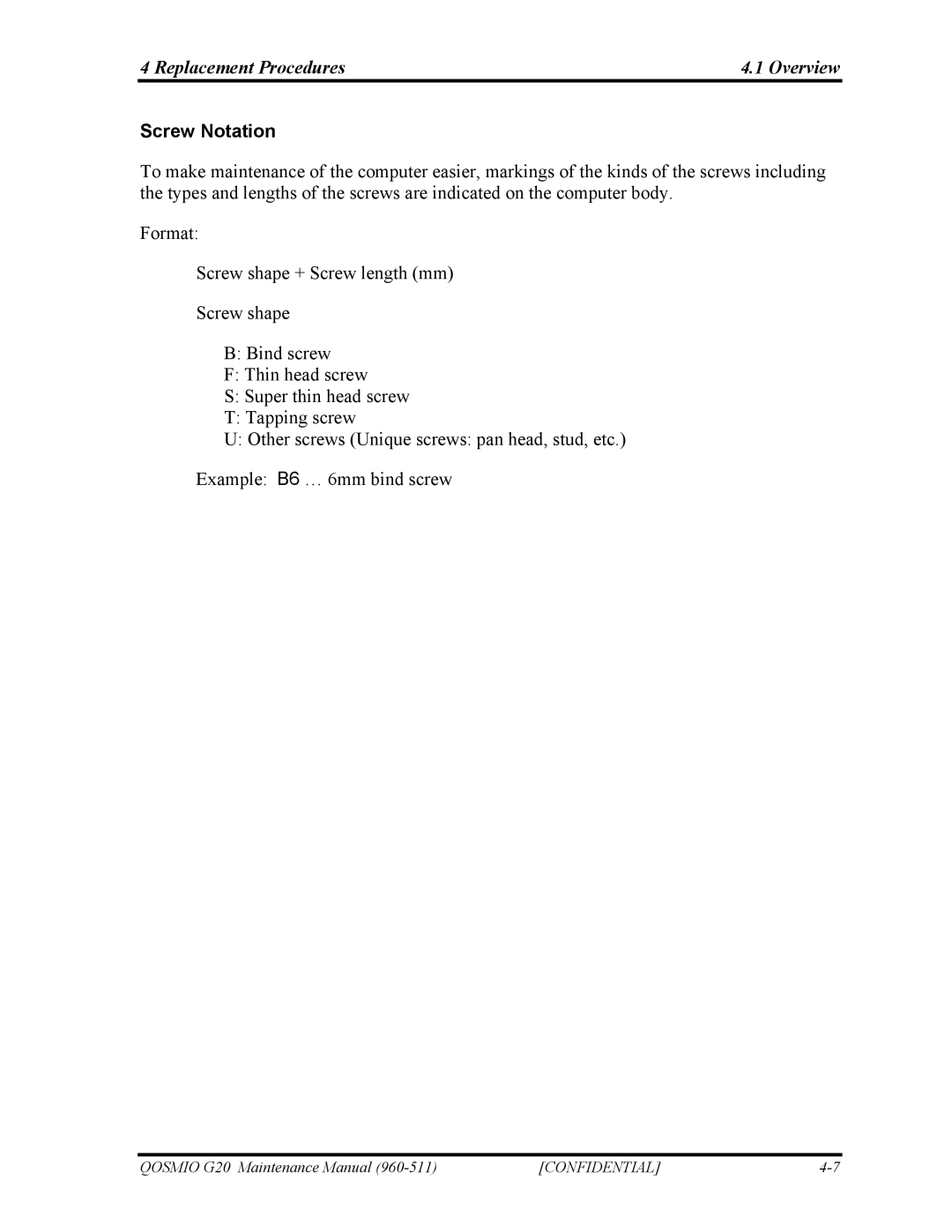 Toshiba QOSMIO G20 manual Screw Notation 