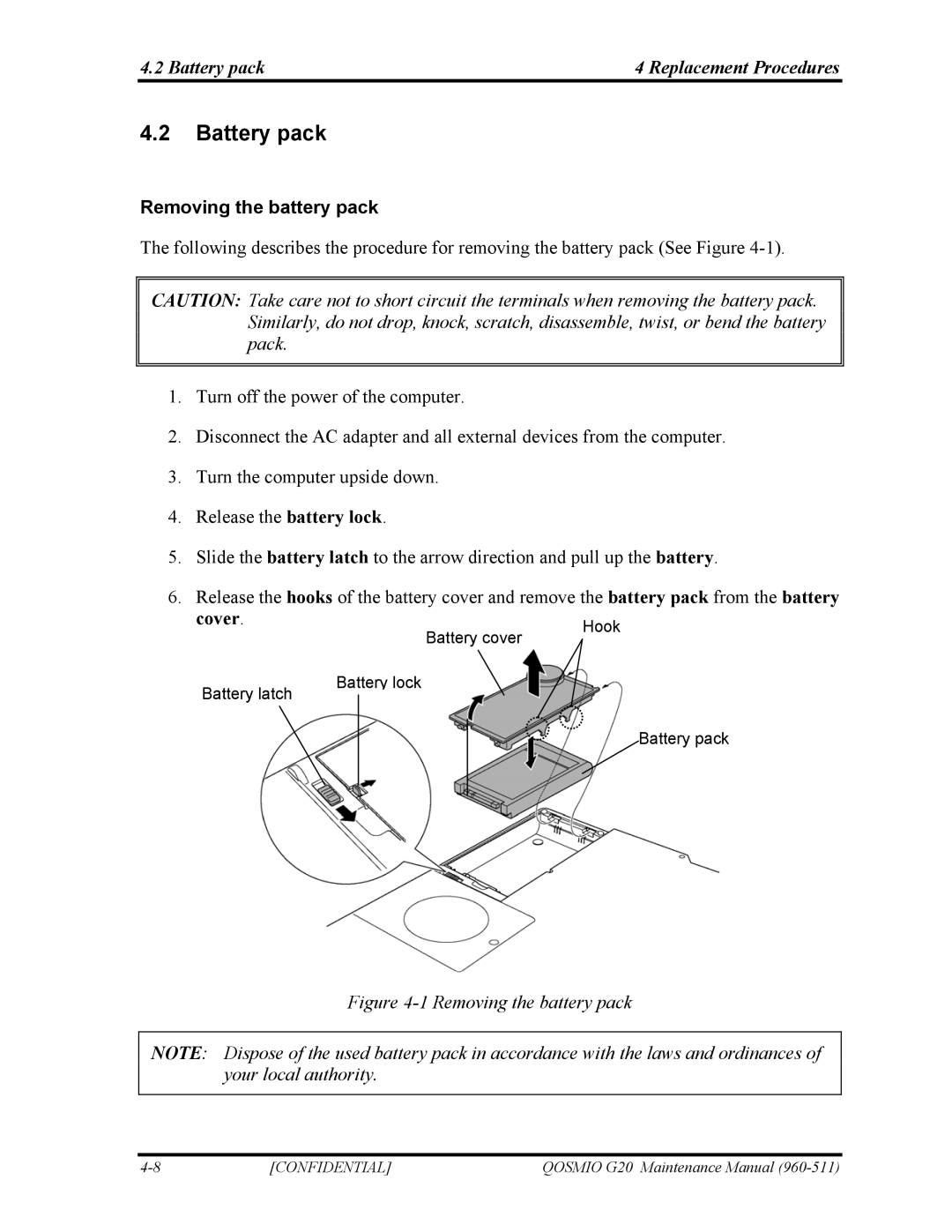 Toshiba QOSMIO G20 manual Battery pack Replacement Procedures, Removing the battery pack, Cover 