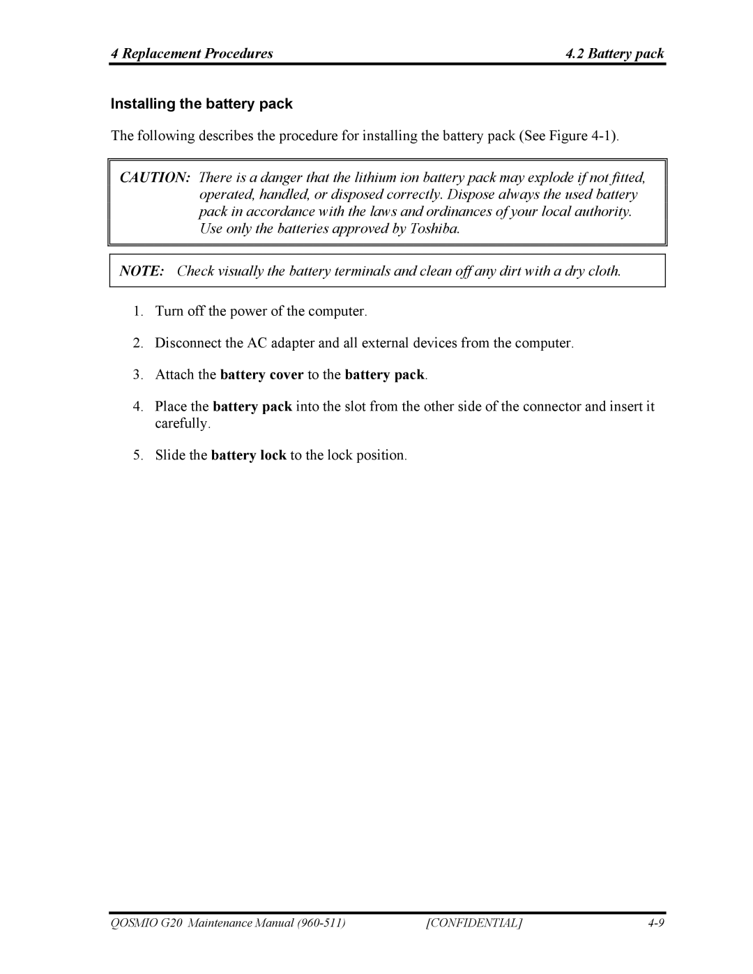 Toshiba QOSMIO G20 manual Replacement Procedures Battery pack, Installing the battery pack 