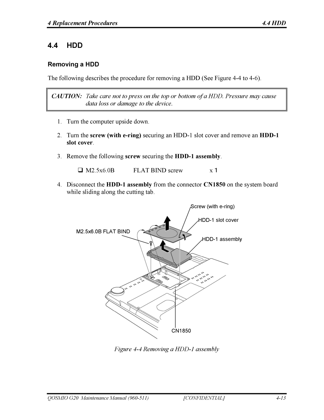 Toshiba QOSMIO G20 manual Hdd, Replacement Procedures HDD, Removing a HDD 