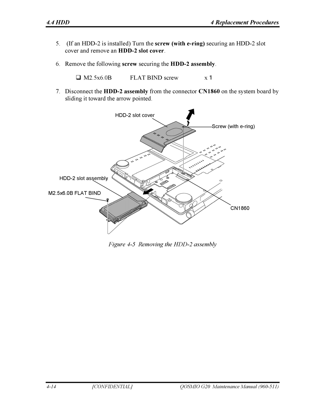 Toshiba QOSMIO G20 manual HDD Replacement Procedures, Removing the HDD-2 assembly 