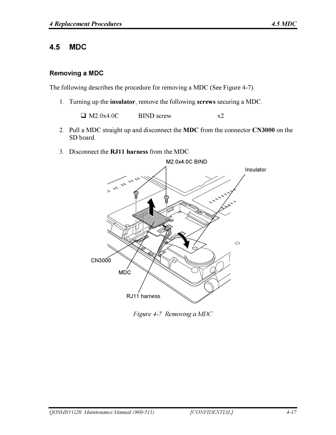 Toshiba QOSMIO G20 manual Mdc, Replacement Procedures MDC, Removing a MDC 