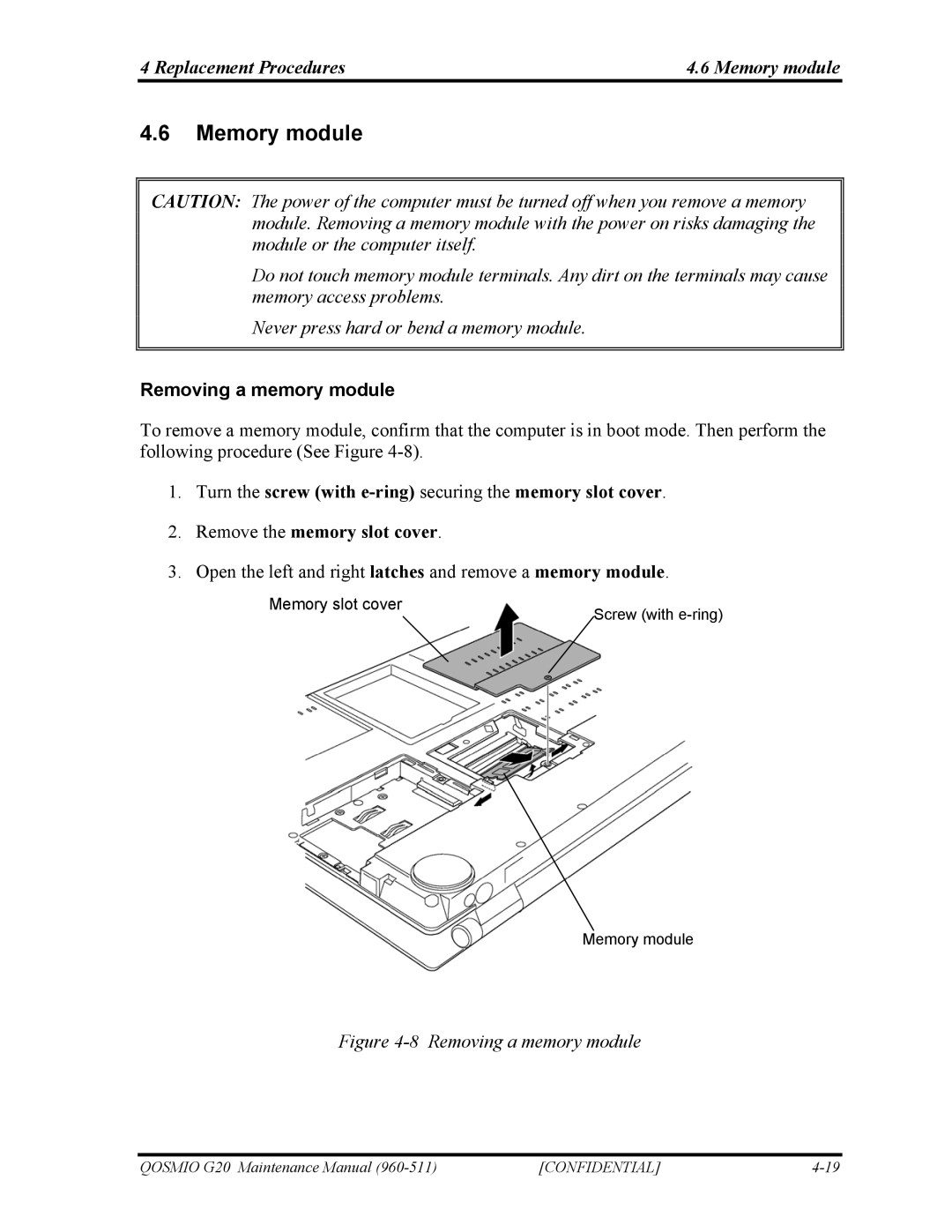 Toshiba QOSMIO G20 manual Replacement Procedures Memory module, Removing a memory module 